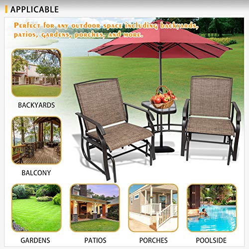 3 in 1 Outdoor Glider Chairs with Table, 1.65" Umbrella Hole Mesh Fabric Patio Loveseat Double Glider Rocker Chair and Center Tempered Glass Table for Garden, Poolside, Balcony