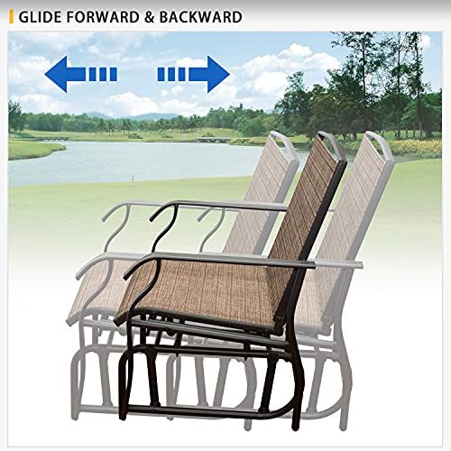 3 in 1 Outdoor Glider Chairs with Table, 1.65" Umbrella Hole Mesh Fabric Patio Loveseat Double Glider Rocker Chair and Center Tempered Glass Table for Garden, Poolside, Balcony