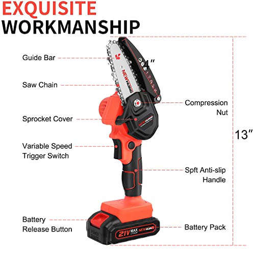 Mini Cordless Chainsaw Kit, Upgraded 4" One-Hand Handheld Electric Portable Chainsaw, 21V Rechargeable Battery Operated, for Tree Trimming and Branch Wood Cutting by New Huing