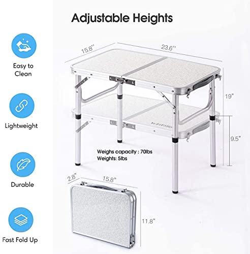 YihuiKo 24''x16'' Folding Camping Table - Portable Aluminum Small Picnic Folding Table - Adjustable Height Outdoor Camp Table for Picnic, Boat, Mini Van, Truckers, RV