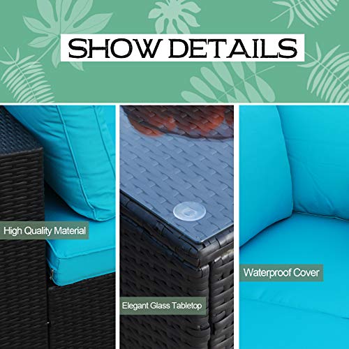 Polar Aurora 7 Pieces Outdoor Patio Sofa Set PE Rattan Wicker Sectional Furniture Outside Couch w/Blue Washable Seat Cushions & Modern Glass Coffee Table