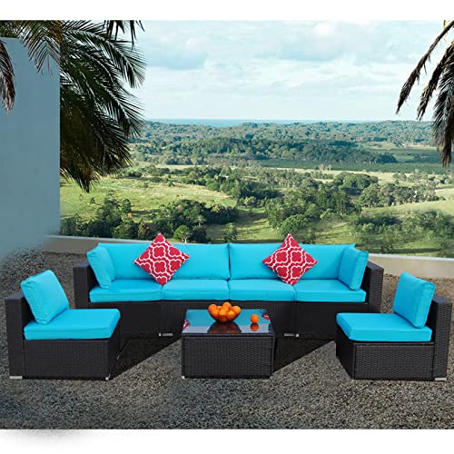 Polar Aurora 7 Pieces Outdoor Patio Sofa Set PE Rattan Wicker Sectional Furniture Outside Couch w/Blue Washable Seat Cushions & Modern Glass Coffee Table