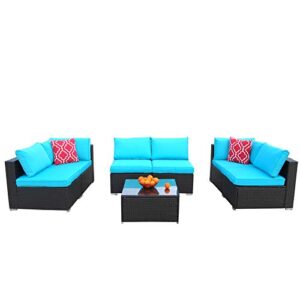 Polar Aurora 7 Pieces Outdoor Patio Sofa Set PE Rattan Wicker Sectional Furniture Outside Couch w/Blue Washable Seat Cushions & Modern Glass Coffee Table