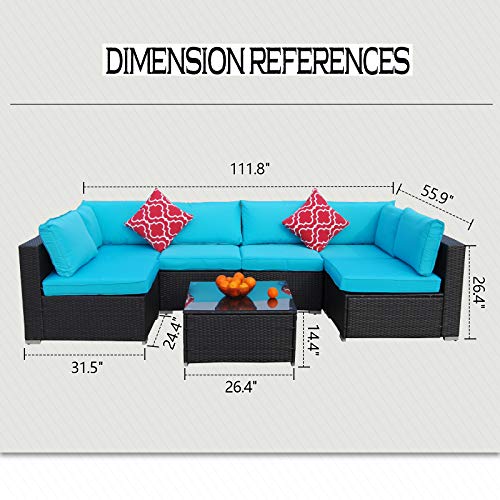 Polar Aurora 7 Pieces Outdoor Patio Sofa Set PE Rattan Wicker Sectional Furniture Outside Couch w/Blue Washable Seat Cushions & Modern Glass Coffee Table