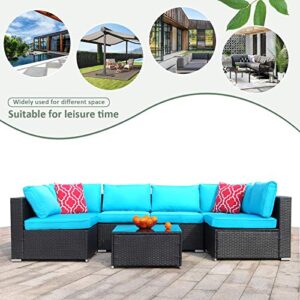 Polar Aurora 7 Pieces Outdoor Patio Sofa Set PE Rattan Wicker Sectional Furniture Outside Couch w/Blue Washable Seat Cushions & Modern Glass Coffee Table