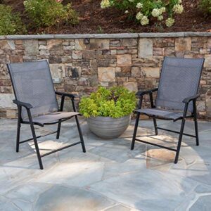 emma + oliver gray outdoor folding patio sling chair with black frame/portable chair (2 pack)