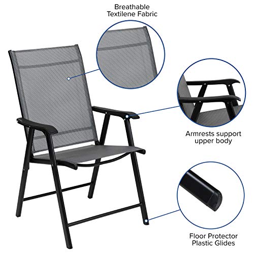 EMMA + OLIVER Gray Outdoor Folding Patio Sling Chair with Black Frame/Portable Chair (2 Pack)