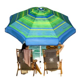 ogrmar 7ft beach umbrella with sand anchor & carry bag, portable outdoor windproof sun umbrella sun 50+ protection umbrella with push button tilt & air vent (green stripe)