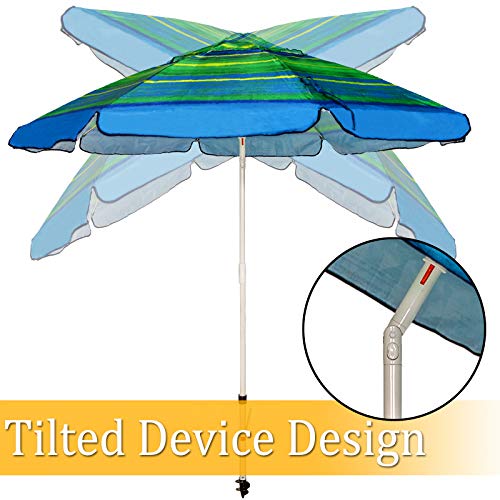 Ogrmar 7FT Beach Umbrella with Sand Anchor & Carry Bag, Portable Outdoor Windproof Sun Umbrella Sun 50+ Protection Umbrella with Push Button Tilt & Air Vent (Green Stripe)