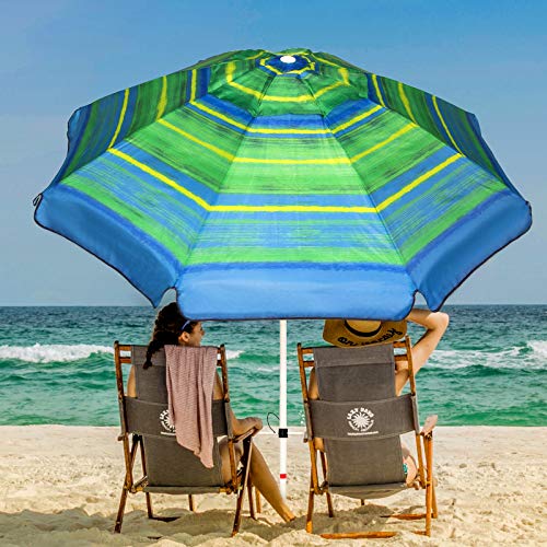 Ogrmar 7FT Beach Umbrella with Sand Anchor & Carry Bag, Portable Outdoor Windproof Sun Umbrella Sun 50+ Protection Umbrella with Push Button Tilt & Air Vent (Green Stripe)