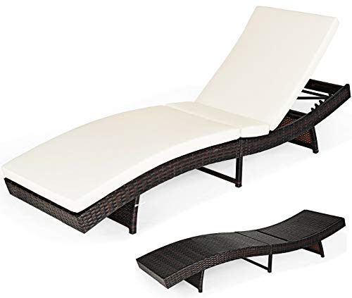 HAPPYGRILL Patio Chaise Lounge Outdoor Rattan Wicker Lounger Chair Adjustable Ergonomic Reclining Chaise Chair with Cushion for Patio Poolside Backyard Garden