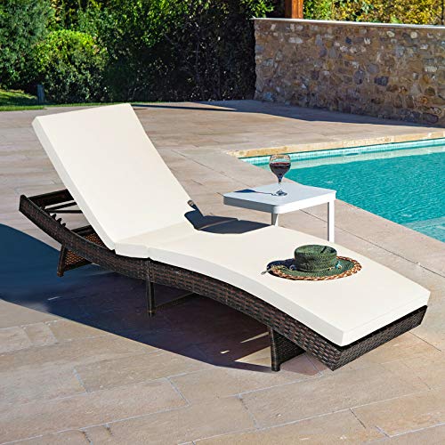 HAPPYGRILL Patio Chaise Lounge Outdoor Rattan Wicker Lounger Chair Adjustable Ergonomic Reclining Chaise Chair with Cushion for Patio Poolside Backyard Garden