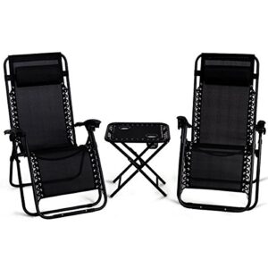 giantex 3 pcs zero gravity chair patio chaise lounge chairs outdoor yard pool recliner folding lounge table chair set (black)