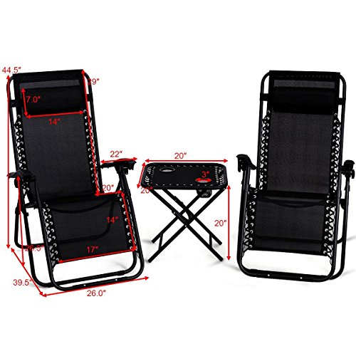 Giantex 3 PCS Zero Gravity Chair Patio Chaise Lounge Chairs Outdoor Yard Pool Recliner Folding Lounge Table Chair Set (Black)