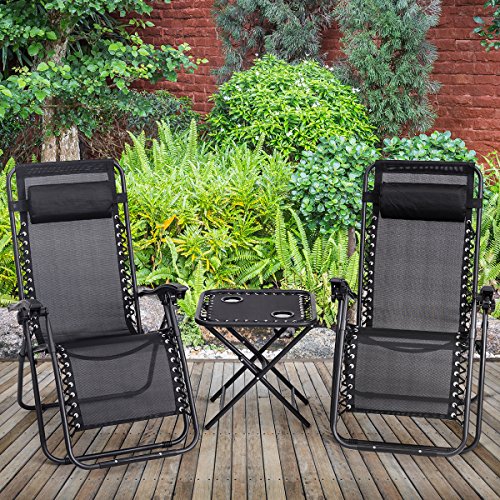Giantex 3 PCS Zero Gravity Chair Patio Chaise Lounge Chairs Outdoor Yard Pool Recliner Folding Lounge Table Chair Set (Black)