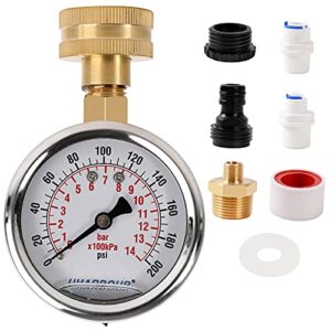 water pressure gauge kit including adaptors, uharbour 2.5″glycerin filled water pressure test gauge with brass hose fitting and extra 6 adapters for multiple use,0-200psi/14bar