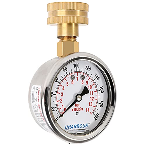 Water Pressure Gauge Kit Including Adaptors, UHARBOUR 2.5"Glycerin Filled Water Pressure Test Gauge with Brass Hose Fitting and Extra 6 Adapters for Multiple Use,0-200psi/14bar