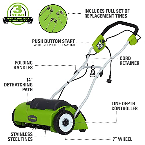 Greenworks 10 Amp 14” Corded Electric Dethatcher (Stainless Steel Tines)