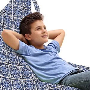 lunarable azulejo lounger chair bag, ethnic portuguese ceramic tiles like mosaic motifs traditional design, high capacity storage with handle container, lounger size, ivory and lavender blue