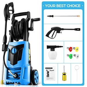 Suyncll 2.0GPM Electric Power Washer, 1600W High Pressure Washer, SY3000 Portable Electric Pressure Washer with Hose Reel, 4 Nozzles, Soap Bottle for Home/Garden/Car Cleaning(Blue)