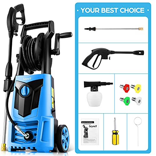 Suyncll 2.0GPM Electric Power Washer, 1600W High Pressure Washer, SY3000 Portable Electric Pressure Washer with Hose Reel, 4 Nozzles, Soap Bottle for Home/Garden/Car Cleaning(Blue)