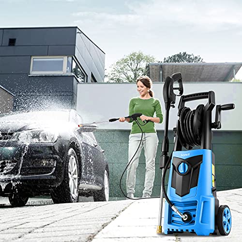 Suyncll 2.0GPM Electric Power Washer, 1600W High Pressure Washer, SY3000 Portable Electric Pressure Washer with Hose Reel, 4 Nozzles, Soap Bottle for Home/Garden/Car Cleaning(Blue)