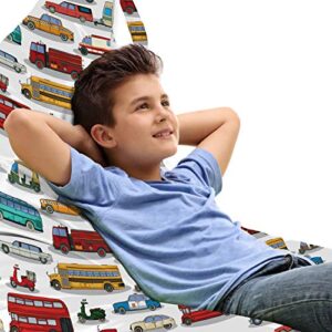 lunarable cars lounger chair bag, vintage style cars bikes trucks buses and caravans on plain background, high capacity storage with handle container, lounger size, white multicolor