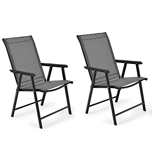 RELAX4LIFE Patio Dining Chairs Set of 2 Outdoor Folding Chairs Set W/Armrest,High Backrest,Breathable Fabric, Metal Frame for Courtyard, Garden, Poolside No-Assembly 2 ps Sling Chairs