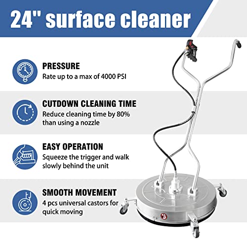 janz 24" Pressure Washer Surface Cleaner with 4 Wheels,Dual Handle,Stainless Steel Housing, 2 Hose Adapters and 4 Replacement Nozzles, Ideal for Cleaning Driveways, Sidewalks,Patios,Decks