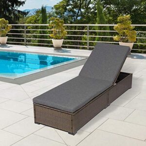 Kinsunny Outdoor PE Wicker Lounge Chair Patio Reclining Chair Furniture Set Beach Pool Adjustable Backrest Recliners with Dark Grey Cushions