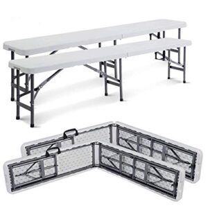 todeco 6ft folding bench white 2pcs, portable garden picnic party camping dining bench seat with carrying handle,use indoor/outdoor, max load 660 lbs