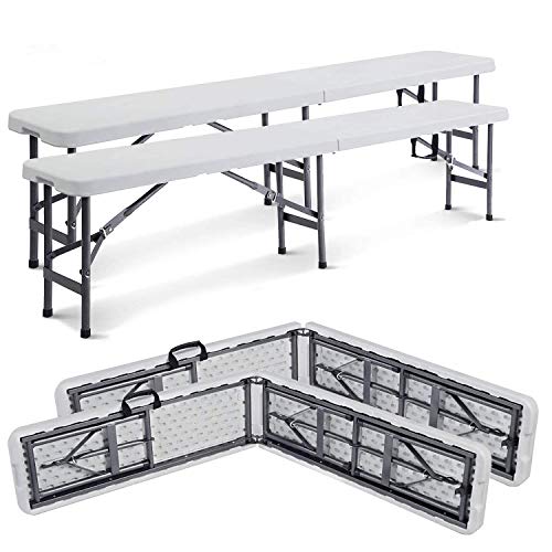 Todeco 6FT Folding Bench White 2Pcs, Portable Garden Picnic Party Camping Dining Bench Seat with Carrying Handle,Use Indoor/Outdoor, Max Load 660 Lbs