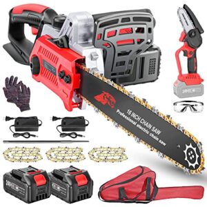 16-Inch Cordless Chainsaw, Electric Chainsaw with 3.0Ah X2 Batteries and 2 Fast Chargers, 24V Brushless Chain Saw with Tool Free Blade Tension System (with 4 Inch Mini Chainsaw)