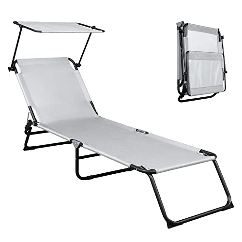 VINGLI Folding Chaise Lounge, Adjustable 4 Position Patio Chair Recliner, Sunbathing Chair for Beach Outdoor Pool Patio Deck (Grey, with Canopy)