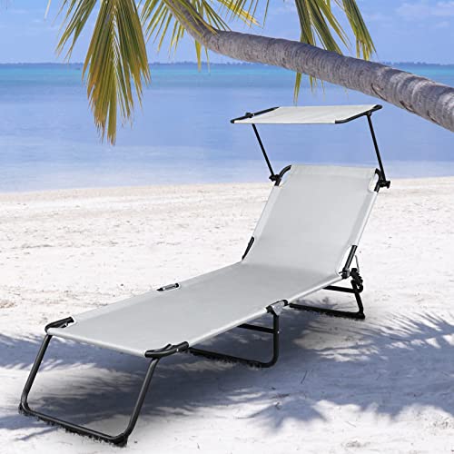 VINGLI Folding Chaise Lounge, Adjustable 4 Position Patio Chair Recliner, Sunbathing Chair for Beach Outdoor Pool Patio Deck (Grey, with Canopy)