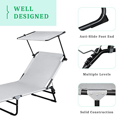 VINGLI Folding Chaise Lounge, Adjustable 4 Position Patio Chair Recliner, Sunbathing Chair for Beach Outdoor Pool Patio Deck (Grey, with Canopy)