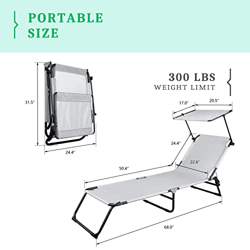 VINGLI Folding Chaise Lounge, Adjustable 4 Position Patio Chair Recliner, Sunbathing Chair for Beach Outdoor Pool Patio Deck (Grey, with Canopy)