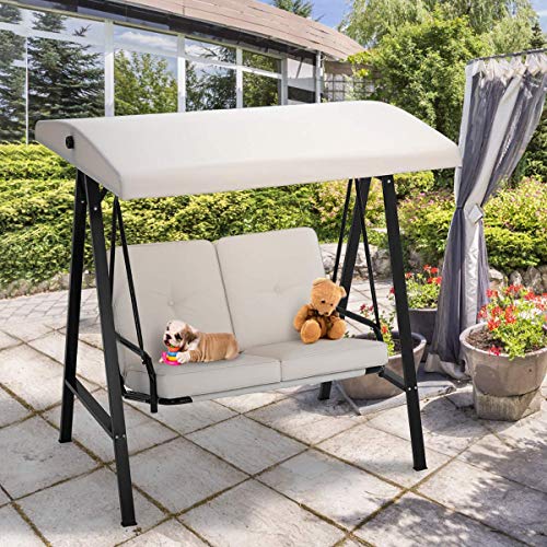 U-MAX 2-Seat Outdoor Patio Swing Chair, Swing Glider with Canopy Porch Swing, Weather Resistant Steel Frame & Cushions, Adjustable Tilt Canopy, Beige