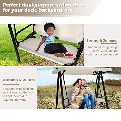 U-MAX 2-Seat Outdoor Patio Swing Chair, Swing Glider with Canopy Porch Swing, Weather Resistant Steel Frame & Cushions, Adjustable Tilt Canopy, Beige