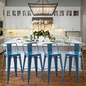Alunaune 26" Metal Bar Stools Set of 4 Counter Height Barstools Industrial Counter Stool Kitchen Bar Chairs Indoor Outdoor-Low Back, Distressed Navy