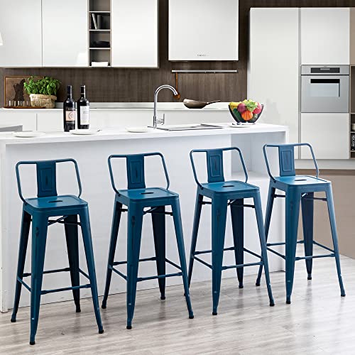 Alunaune 26" Metal Bar Stools Set of 4 Counter Height Barstools Industrial Counter Stool Kitchen Bar Chairs Indoor Outdoor-Low Back, Distressed Navy