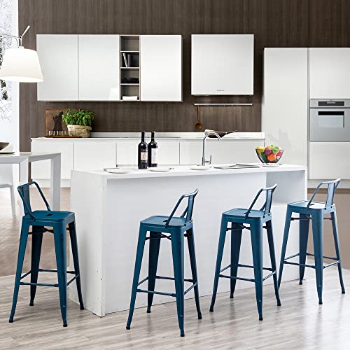 Alunaune 26" Metal Bar Stools Set of 4 Counter Height Barstools Industrial Counter Stool Kitchen Bar Chairs Indoor Outdoor-Low Back, Distressed Navy