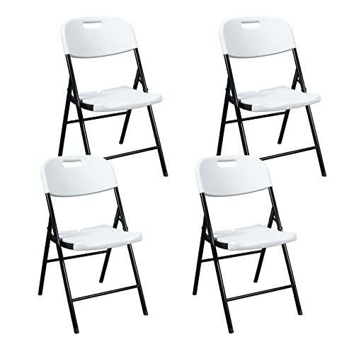 VINGLI 4 Pack White Folding Chairs, Portable HDPE Plastic Seat with Steel Frame for Indoor Outdoor Dinning Party Wedding School Use