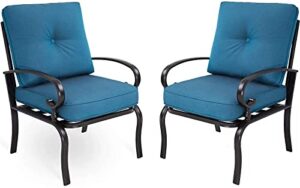 skiway 2-piece outdoor metal steel frame furniture set, patio bistro dining chair, all-weather bistro conversation seating chairs with peacock blue cushions