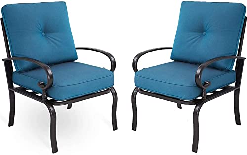 Skiway 2-Piece Outdoor Metal Steel Frame Furniture Set, Patio Bistro Dining Chair, All-Weather Bistro Conversation Seating Chairs with Peacock Blue Cushions