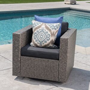 venice outdoor dark brown wicker swivel club chair with beige water resistant cushions (single, mix black/dark grey)