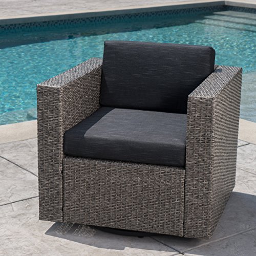 Venice Outdoor Dark Brown Wicker Swivel Club Chair with Beige Water Resistant Cushions (Single, Mix Black/Dark Grey)