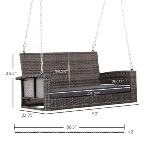 Outsunny 2 Person Wicker Hanging Swing Bench, Front Porch Swing Outdoor Chair with Cushions 550 lbs. Weight Capacity for Backyard, Garden, Grey