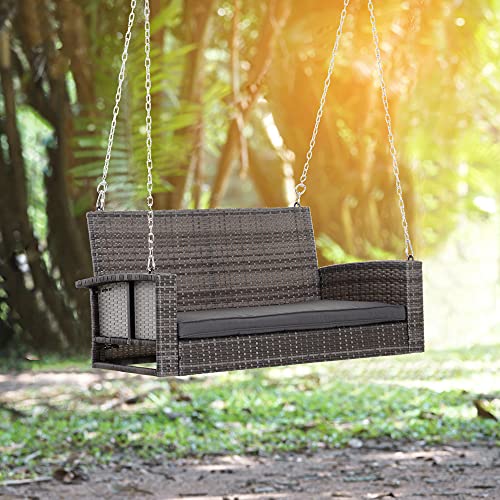 Outsunny 2 Person Wicker Hanging Swing Bench, Front Porch Swing Outdoor Chair with Cushions 550 lbs. Weight Capacity for Backyard, Garden, Grey