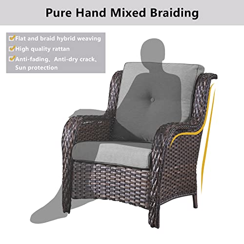 Belord Patio Furniture Conversation Sets 2 Peices Wicker Chairs, Wide Armchair Outdoor Furniture Sets for Porch, Balcony, Backyard, All Weather Brown Wicker Chair with Grey Cushion